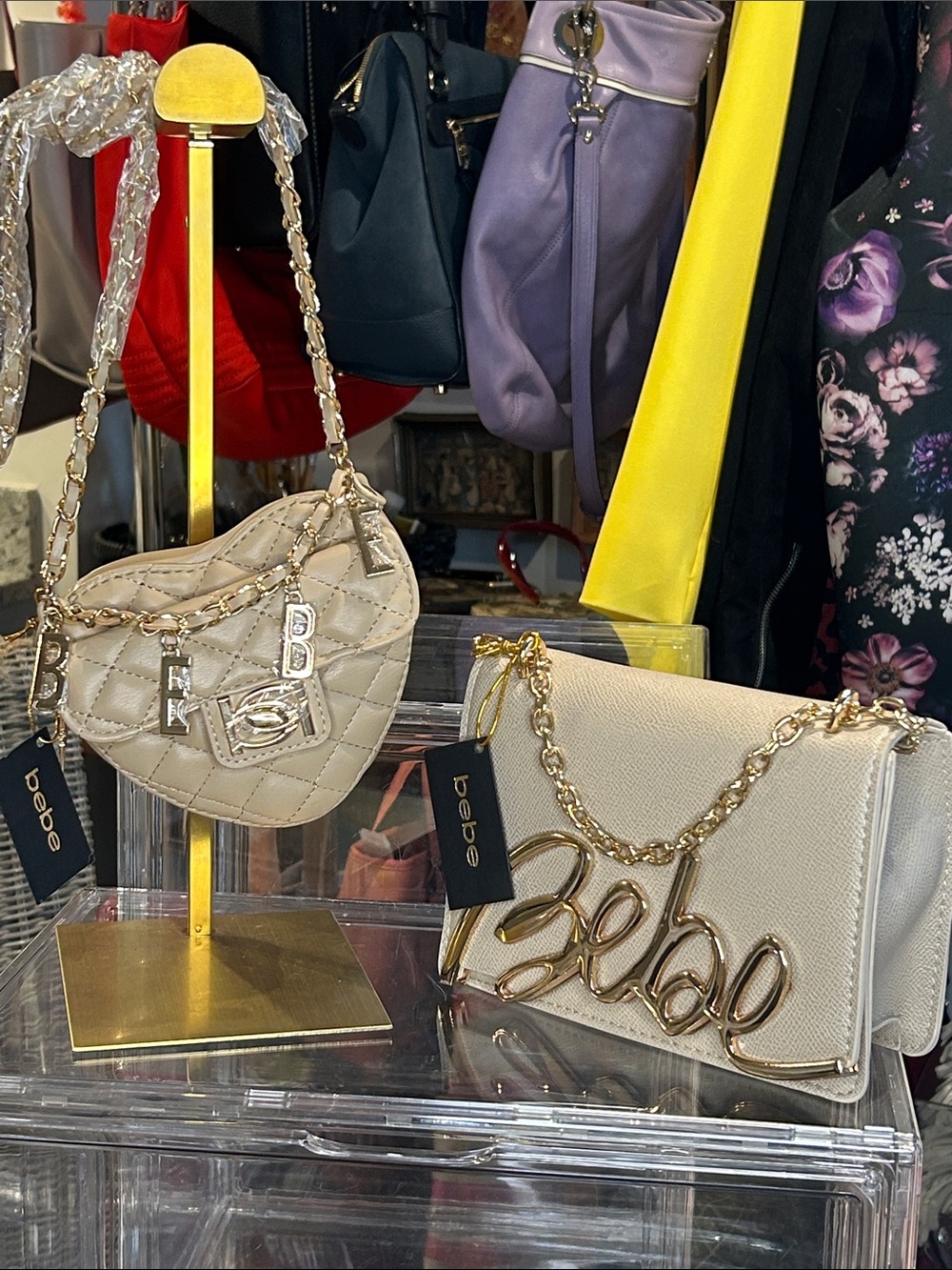 bebe Set of Beige Quilted Heart & Taupe Crossbody’s with Gold Chain straps NWT - Picture 2 of 7